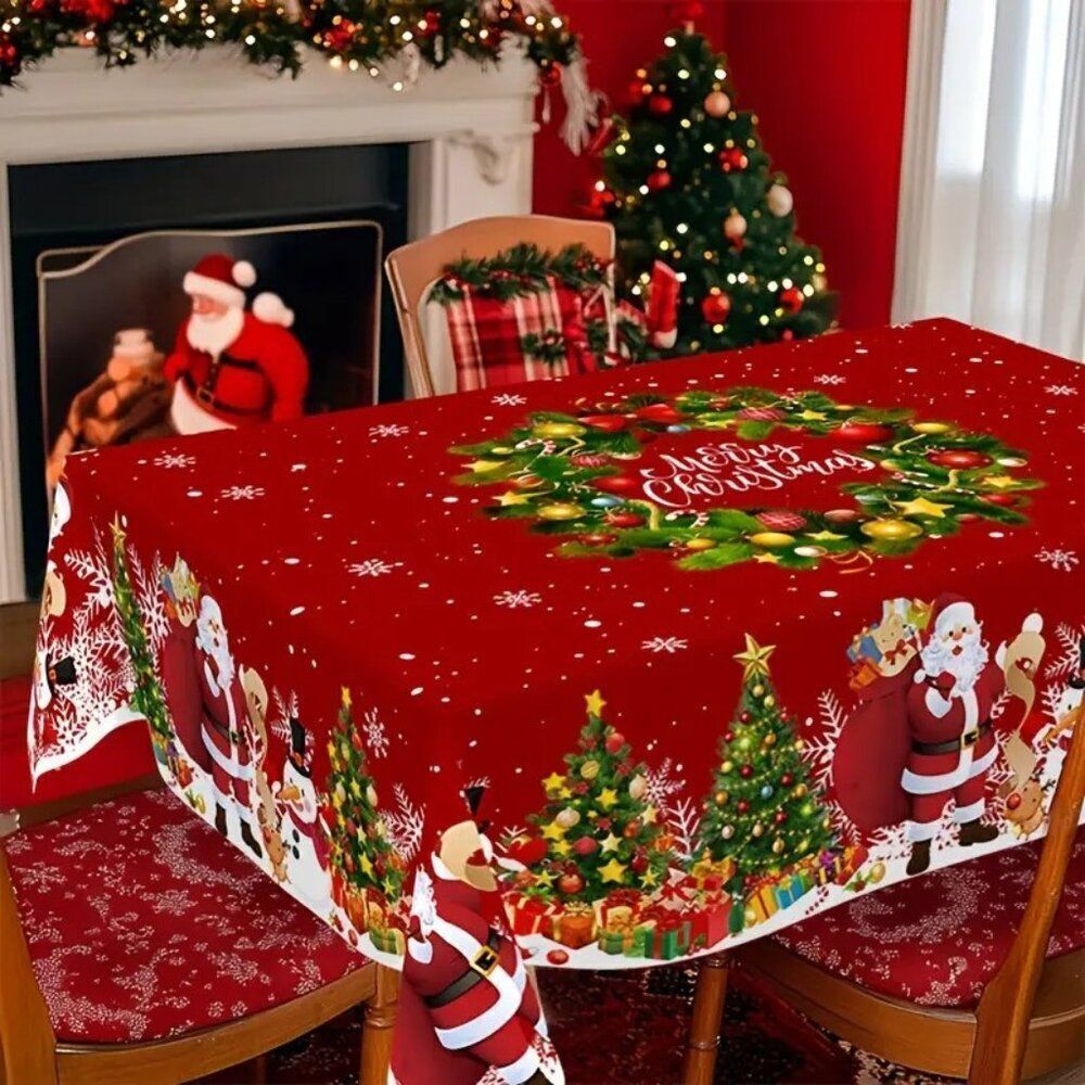 55x71in Elegant Polyester Santa and Wreath Merry Christmas Tablecloth